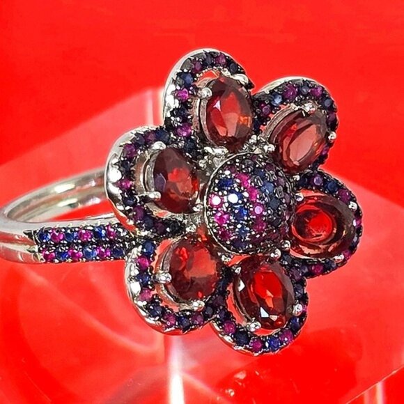 925 Sterling Silver Flower Ring Sz 7.75 with Natural Garnet, Ruby, Sapphire Gems - Picture 5 of 9